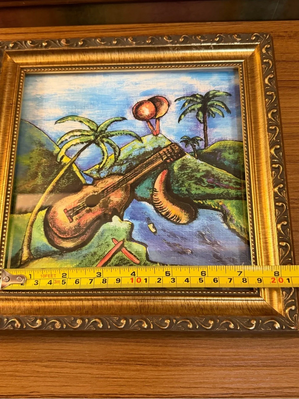 Signed Tropical Landscape Print Ornate Gold Frame Guitar Palm Trees 10”x10”